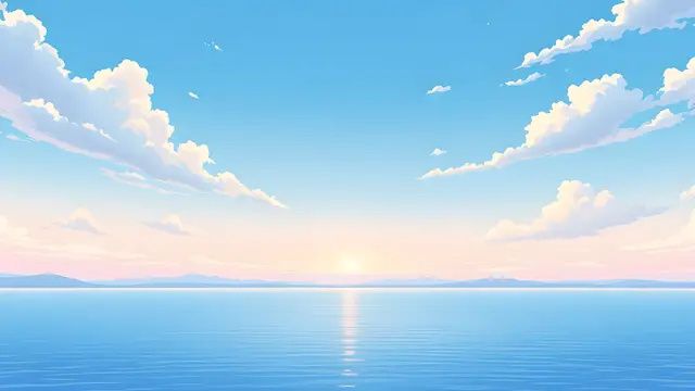 Anime-style scenery of a calm lake horizon with a soft pastel sky and lots of open sky
