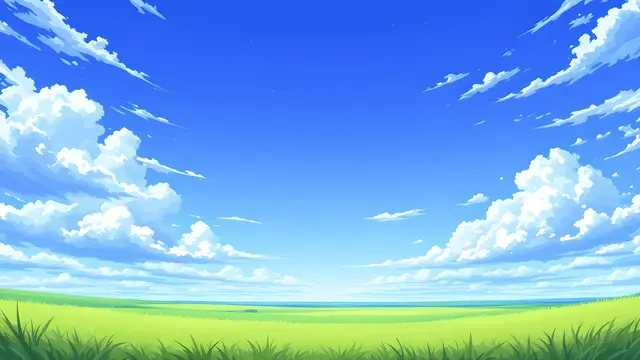 Anime-style scenery of a wide open sky over grassland with a low horizon