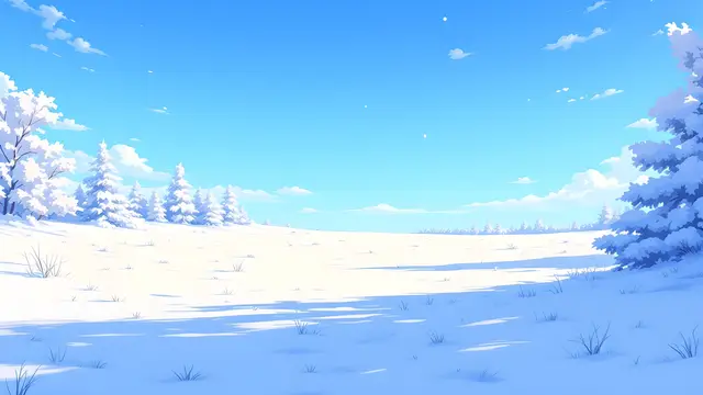 Anime-style scenery of a minimal snowy field under a clear blue sky