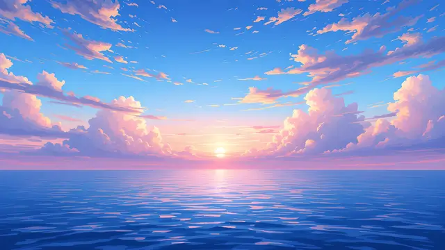 Anime-style scenery of a sunset gradient sky over a calm sea