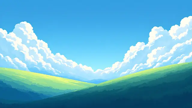 Anime-style scenery of soft clouds drifting over a quiet green hill