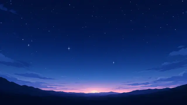Anime-style scenery of a night sky with a few stars over a low dark horizon