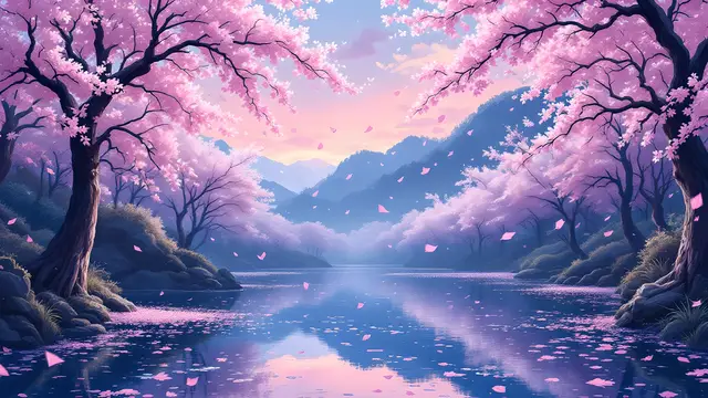 Anime-style scenery of cherry blossom petals falling over a still pond at dusk