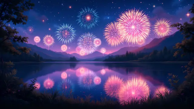 Anime-style scenery of colourful fireworks over a quiet lake at night