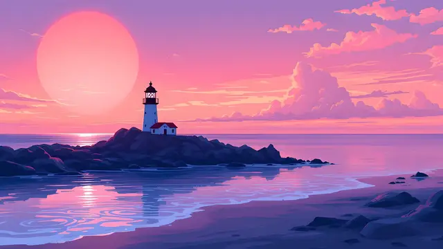 Anime-style scenery of a pink sunset over the sea with a small lighthouse