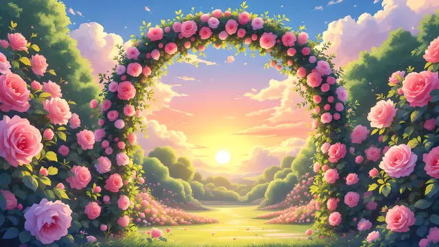 Anime-style scenery of a rose garden archway glowing at golden hour