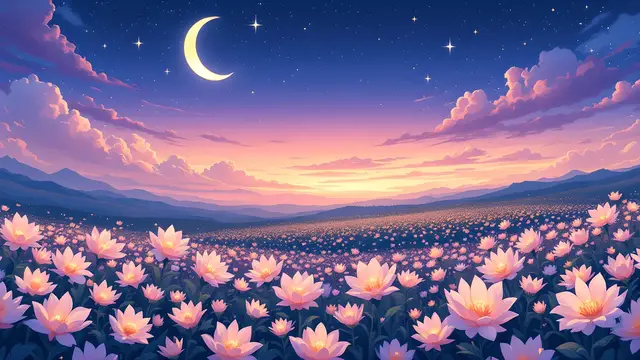 Anime-style scenery of a crescent moon and stars over a field of softly glowing flowers