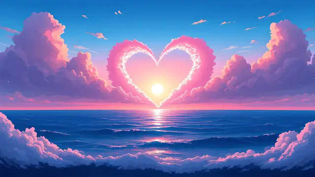 Anime-style scenery of a heart-shaped gap in pink sunset clouds over the ocean
