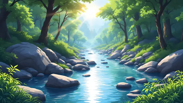 Anime-style scenery of a sunlit forest river with smooth rocks