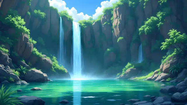 Anime-style scenery of a tall waterfall pouring into a green pool