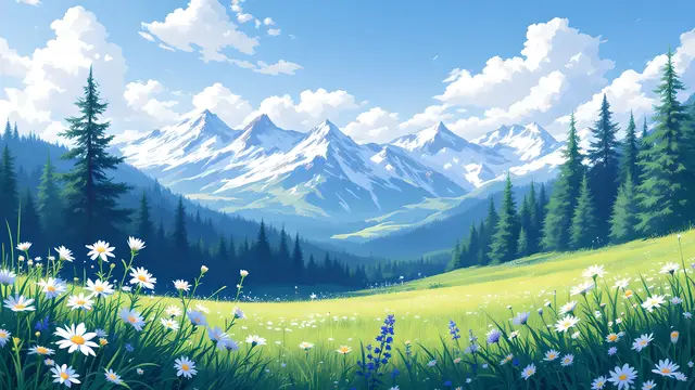 Anime-style scenery of a mountain meadow with wildflowers and distant snowy peaks