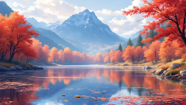 Anime-style scenery of an autumn lake reflecting orange and red trees