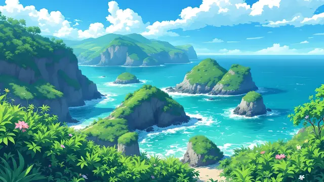Anime-style scenery of green seaside cliffs above a turquoise sea
