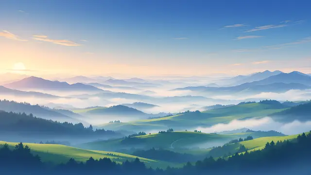 Anime-style scenery of a misty valley at dawn with layered hills