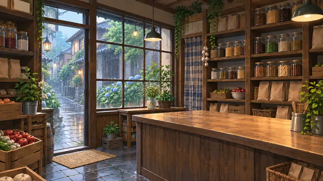 Rainy lane through a shop window