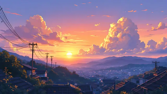 Anime-style scenery of a quiet hillside town at golden sunset