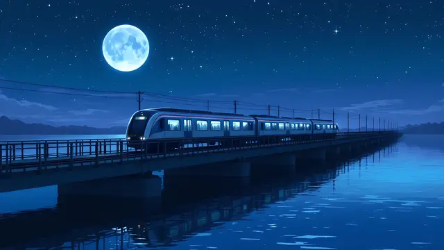 Anime-style scenery of an empty train crossing a bridge over a moonlit lake