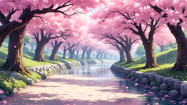 Anime-style scenery of a riverside path lined with cherry blossom trees