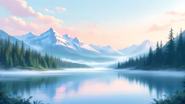 Anime-style scenery of a calm mountain lake