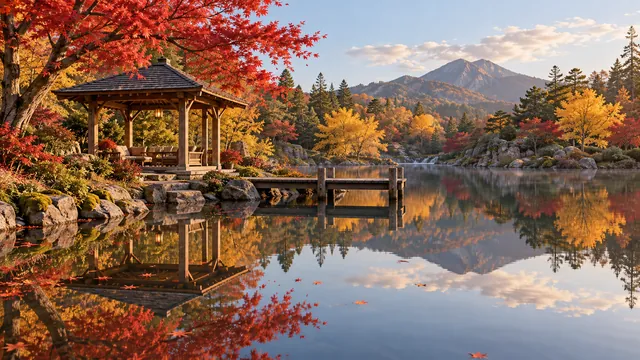 Autumn pavilion reflected in a lake