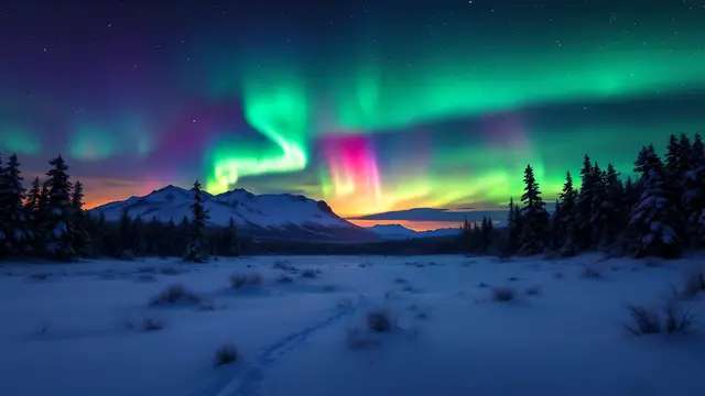The aurora borealis over a snowy landscape
