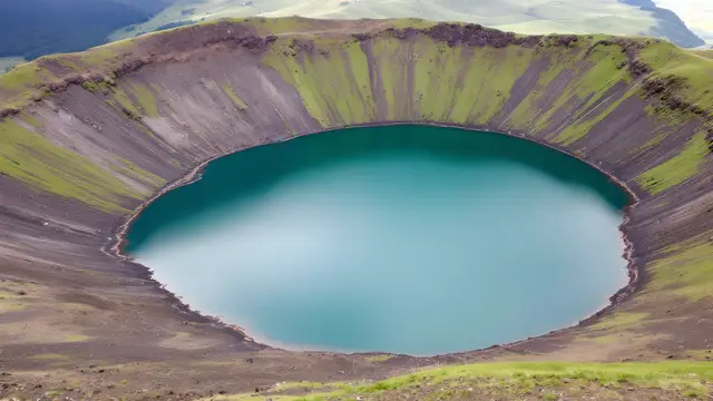A volcanic crater lake surrounded by green hills