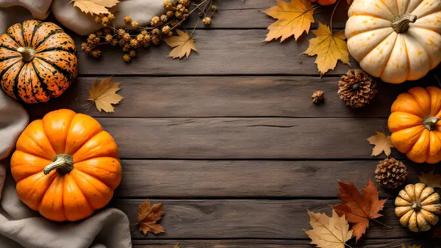 Autumn pumpkins and dried leaves on a rustic table