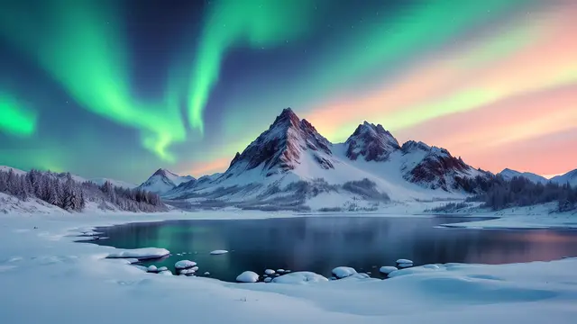Green northern lights over a snowy mountain and a frozen lake