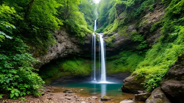 A waterfall in a lush green gorge