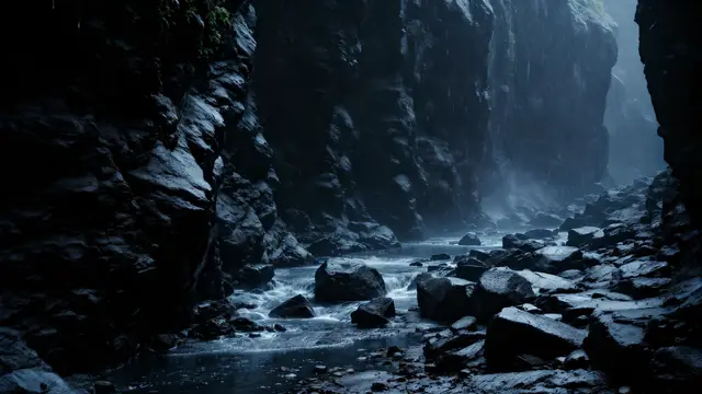 A dark rocky canyon with a stream, wet with rain
