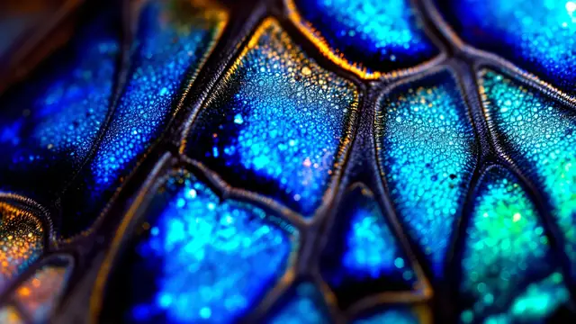 Close-up of a shimmering metallic blue butterfly wing
