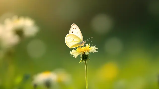 A white butterfly on a dandelion in soft morning light