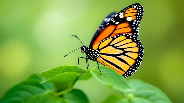 An orange and black butterfly resting on a green leaf