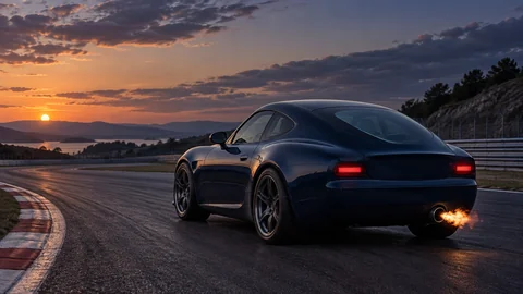 Rounded navy sports coupe with plain rectangular lamps and a short exhaust flame at dusk