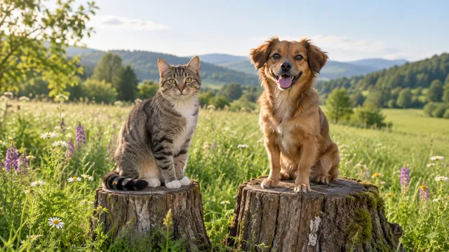 Cat and dog on meadow stumps