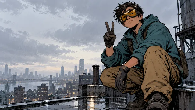 Adventurer in teal workwear and goggles raising two fingers in a peace sign