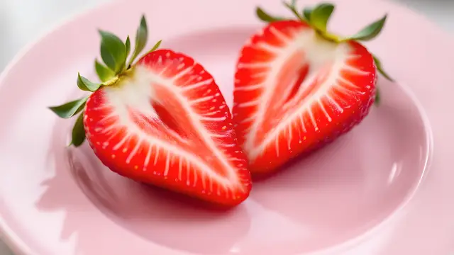 A strawberry cut in half on a pastel pink plate