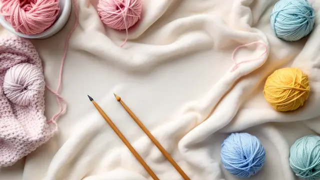 Pastel yarn balls and knitting needles on a cream blanket
