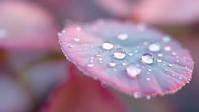 Dew drops on a round pastel-coloured leaf