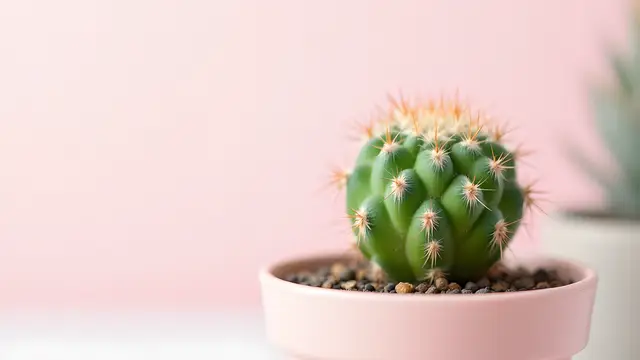 A small round cactus in a tiny pastel pot, pastel background