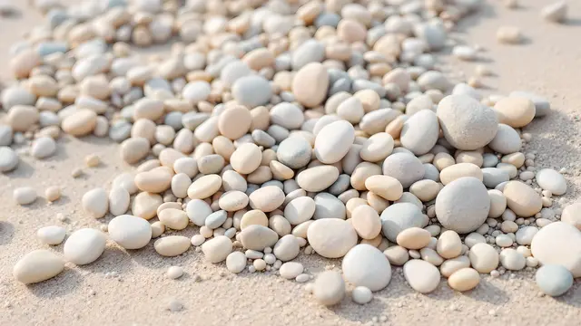 Smooth round pastel pebbles on pale sand