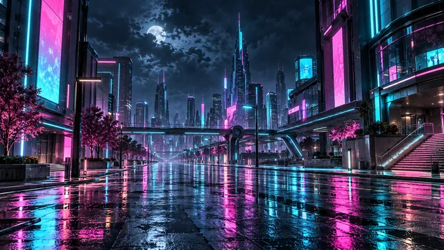 Neon street in the rain