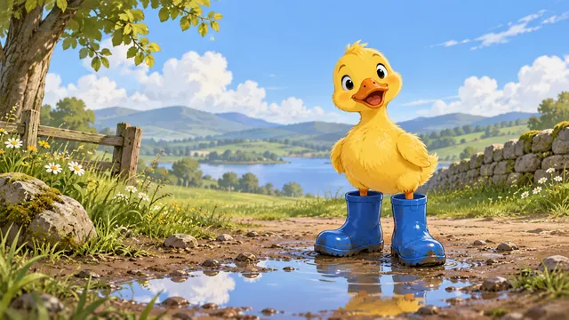 Duck in oversized rain boots