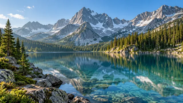 Alpine lake with sharp peaks and a pine shoreline
