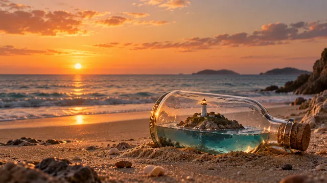 Lighthouse and island inside a bottle on a beach