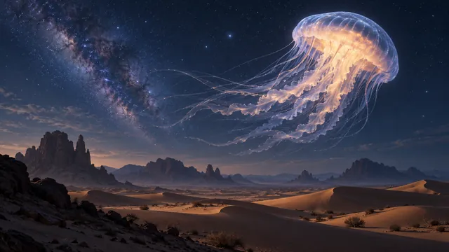 Glowing jellyfish above a desert at night