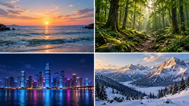 Four panels of sea, forest, neon city and snowy mountains