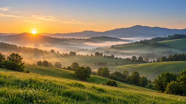 Green hills in soft sunrise mist