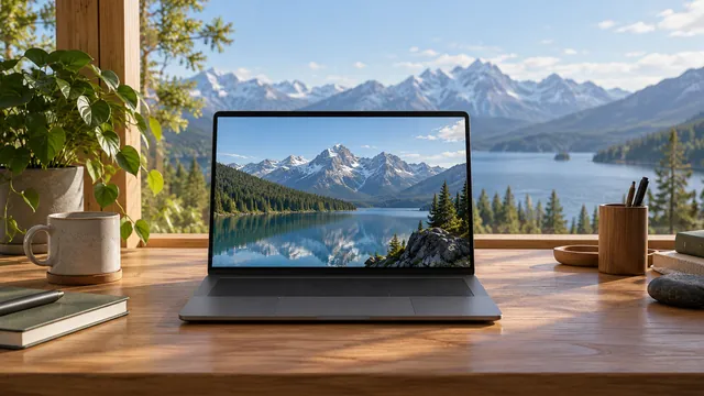 Laptop showing a mountain lake on a wooden desk