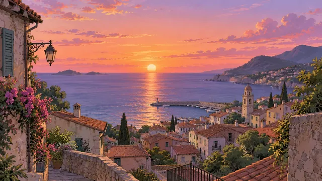 Illustrated seaside town under a pastel sunset